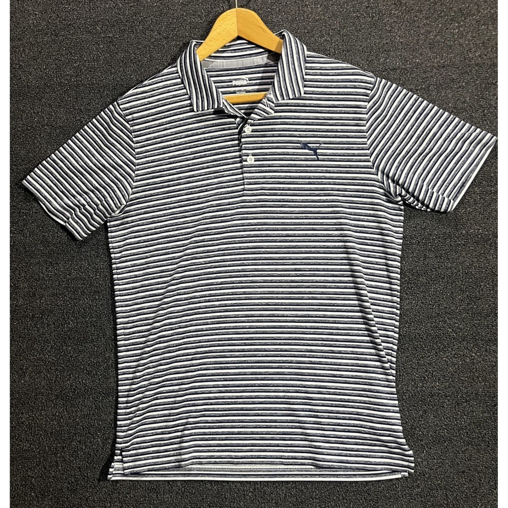 Puma Men's Striped Golf Polo Shirt Size M Blue White Black Short Sleeve Athletic
